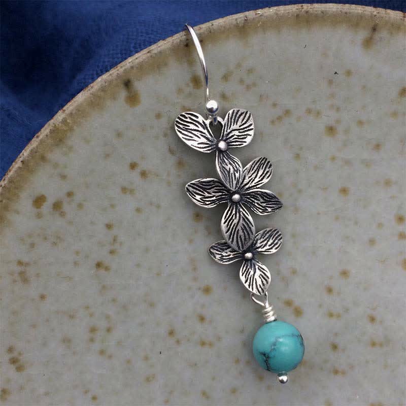 Boucles d'oreilles pendantes en argent sterling 925 avec Buddha Stones , turquoise, lazurite et lapis-lazuli, motif fleur et feuille, symbole de sérénité et de protection. - image 2