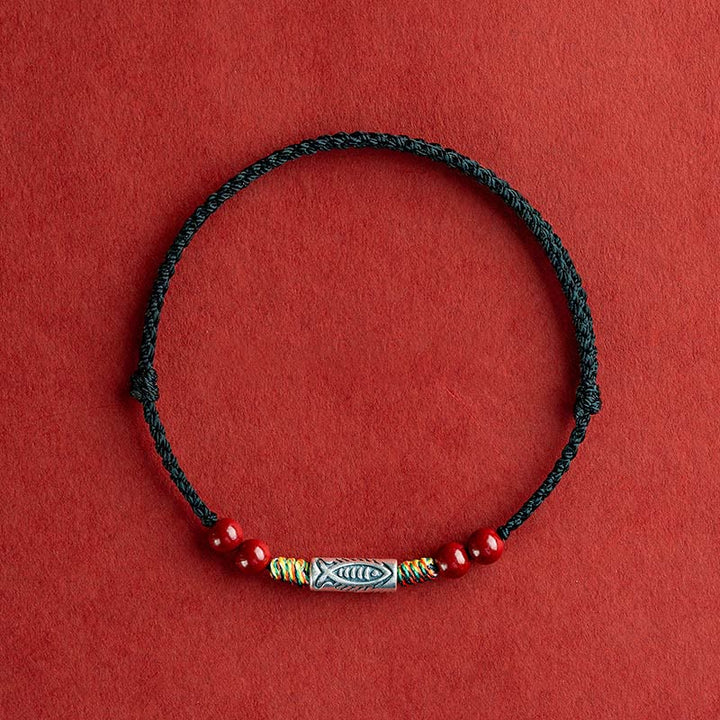 Bracelet de cheville tressé artisanal en argent sterling 925 avec perles de cinabre et poisson koï de Buddha Stones