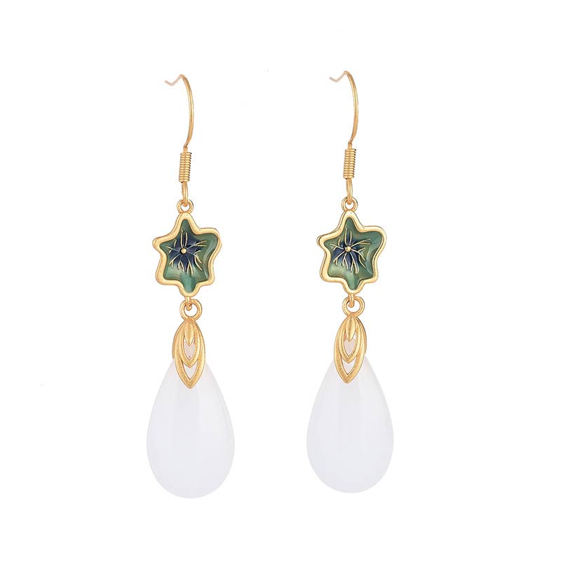 Boucles d'oreilles pendantes porte-bonheur en jade blanc Feng Shui Buddha Stones