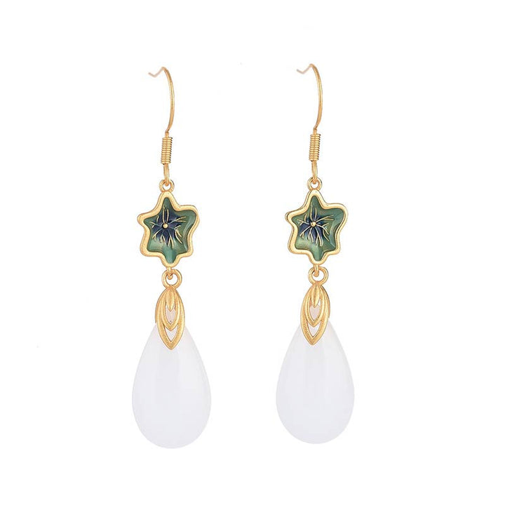 Boucles d'oreilles pendantes porte-bonheur en jade blanc Feng Shui Buddha Stones
