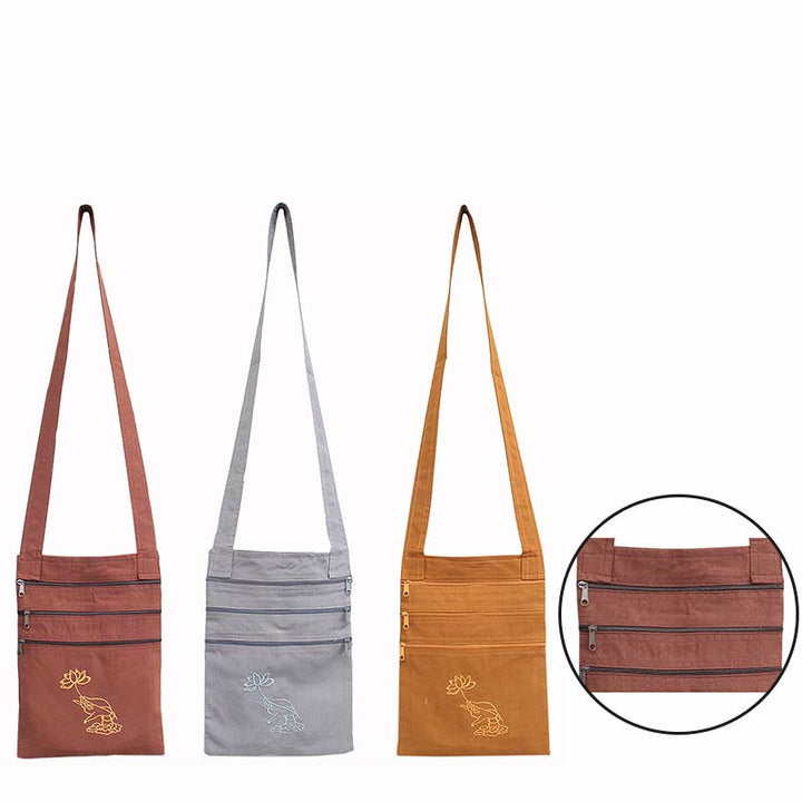 Sac à bandoulière en coton brodé Lotus pour pratique spirituelle