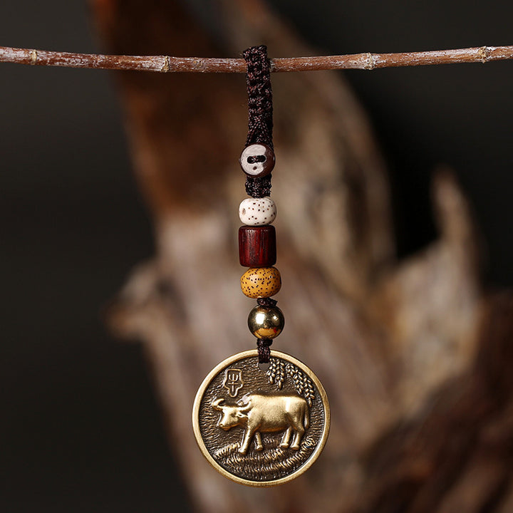 Porte-clés décoratif porte-bonheur en cuivre avec signe du zodiaque chinois - Bœuf - image 0