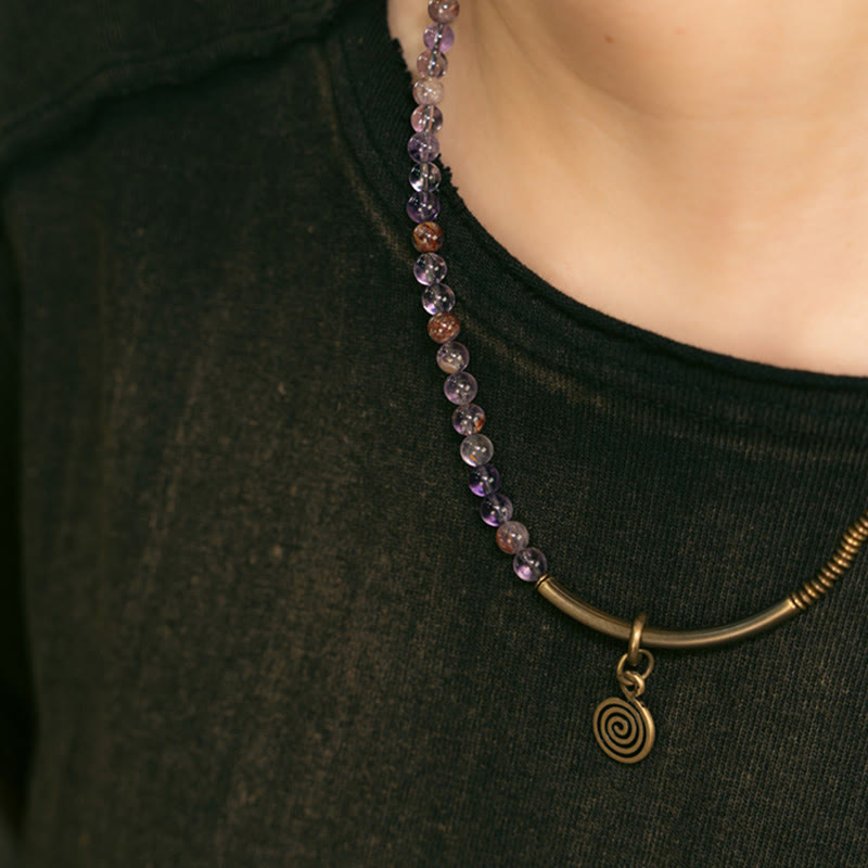 Bracelet en cuivre Love Forgive Buddha Stones quartz hématoïde rouge fantôme violet et quartz rutile vert