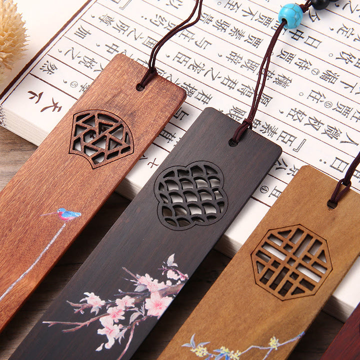 Lot de 4 marque-pages en bois avec Buddha Stones , orchidée, prunier, bambou, chrysanthème, masque d'opéra de Pékin, avec boîte cadeau