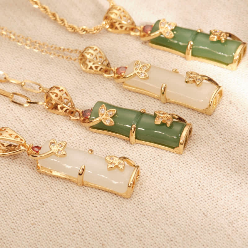 Collier pendentif protection chanceuse en bambou et jade blanc et jade cyan Buddha Stones