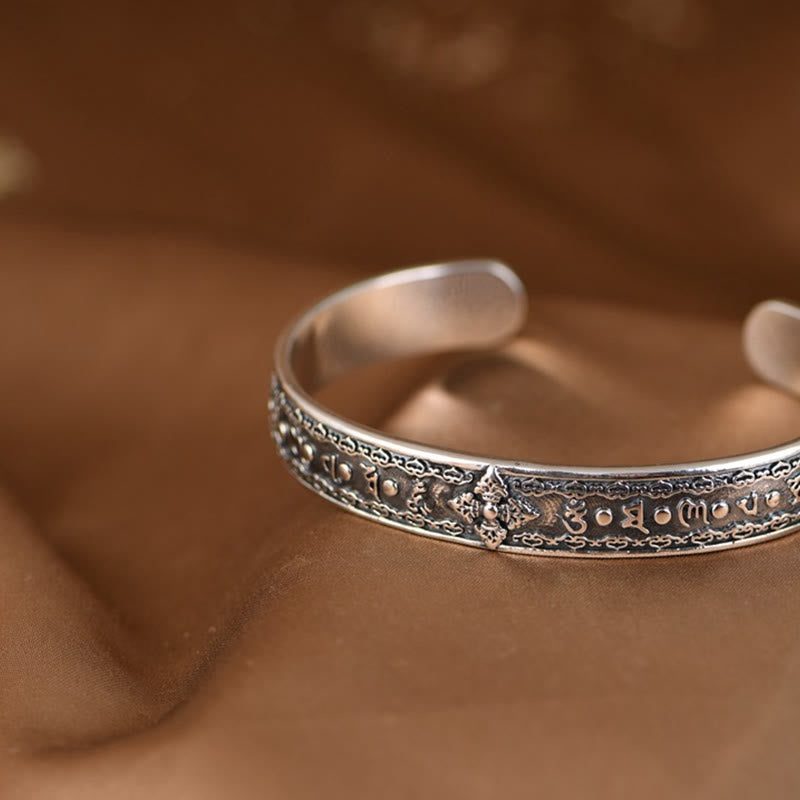 Bracelet manchette de sagesse gravé en argent sterling 925 Buddha Stones Om Mani Padme Hum Double Dorje