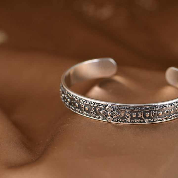 Bracelet manchette de sagesse gravé en argent sterling 925 Buddha Stones Om Mani Padme Hum Double Dorje