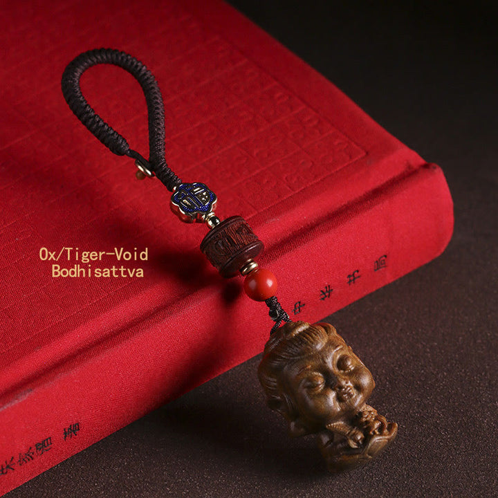 Porte-clés Bouddha du zodiaque chinois en bois de santal vert Om Mani Padme Hum Peace