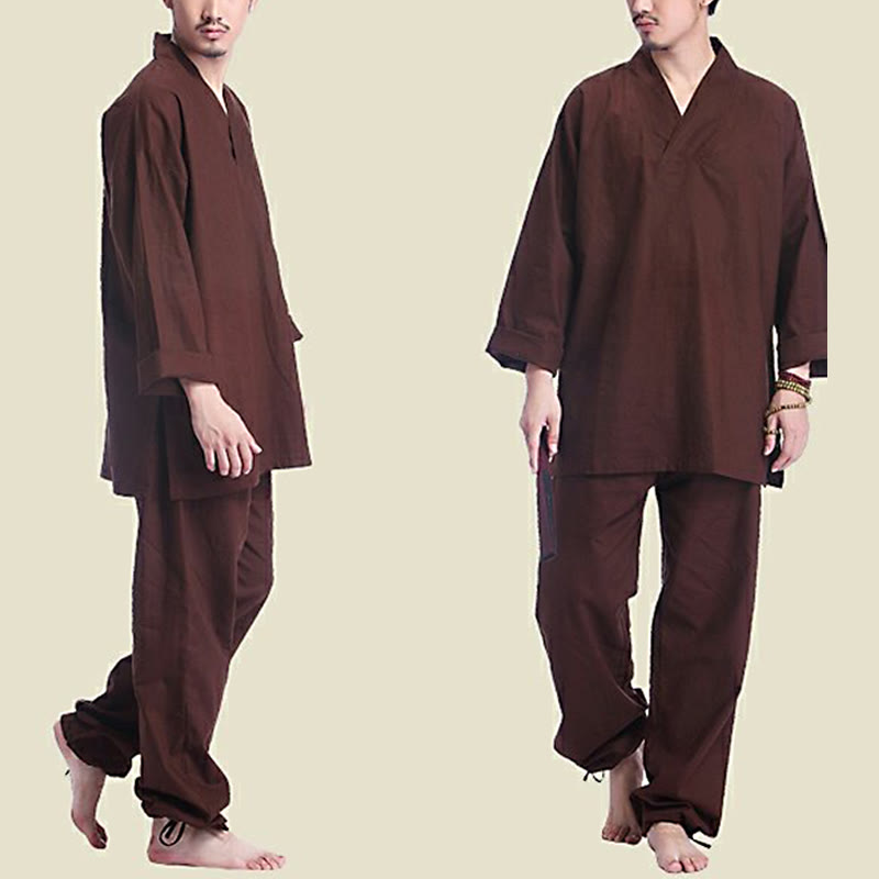 Ensemble de vêtements de yoga pour homme Buddha Stones, méditation, prière, col en V, coton et lin, pratique spirituelle zen - image 9