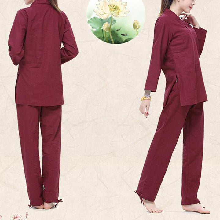 Ensemble de vêtements pour femmes en coton et lin avec Buddha Stones, pratique zen, yoga, méditation, prière, col en V