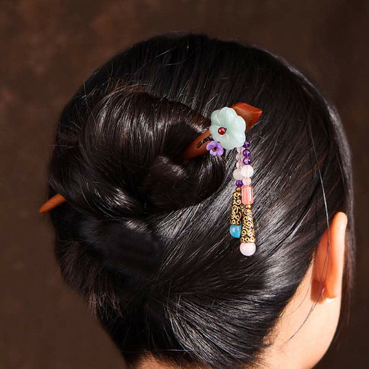 Décoration en épingle à cheveux de protection en bois de santal rouge, améthyste et aventurine