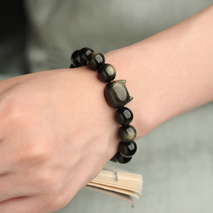 Bracelet de protection porte-bonheur en obsidienne dorée et argentée avec Buddha Stones et jolie patte de chat porte-bonheur - image 11