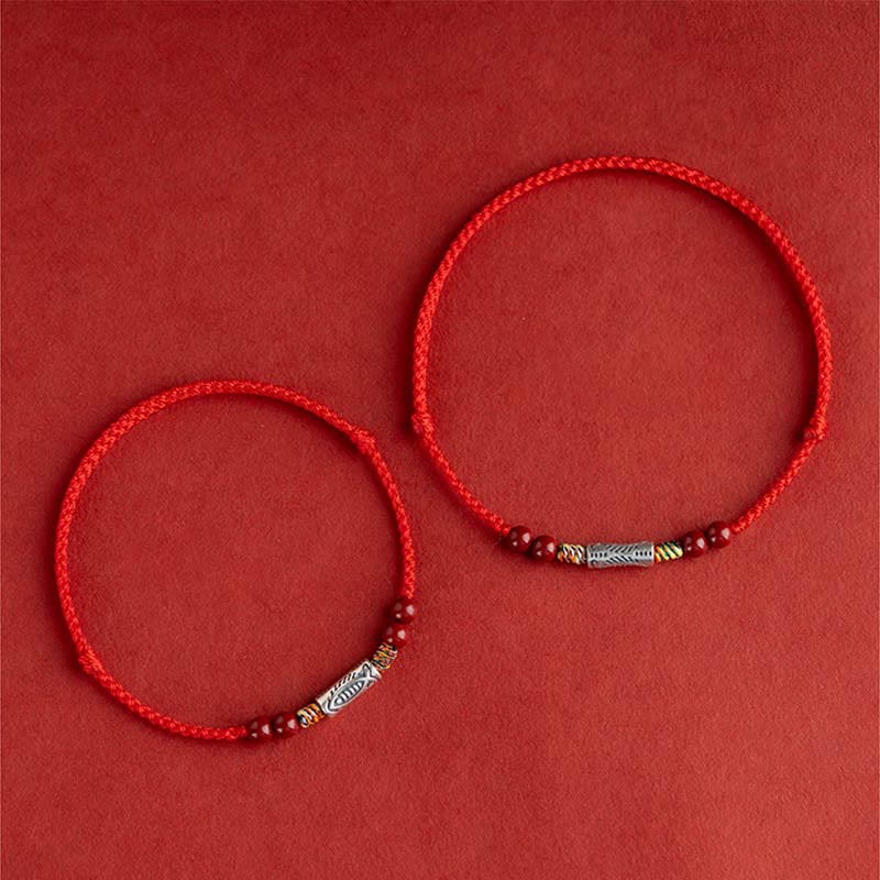 Bracelet de cheville tressé artisanal en argent sterling 925 avec perles de cinabre et poisson koï de Buddha Stones