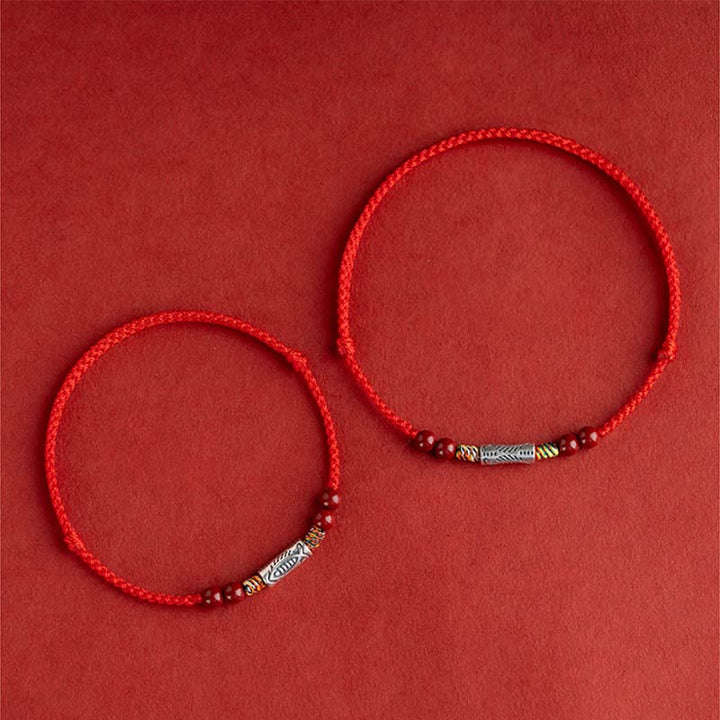 Bracelet de cheville tressé artisanal en argent sterling 925 avec perles de cinabre et poisson koï de Buddha Stones