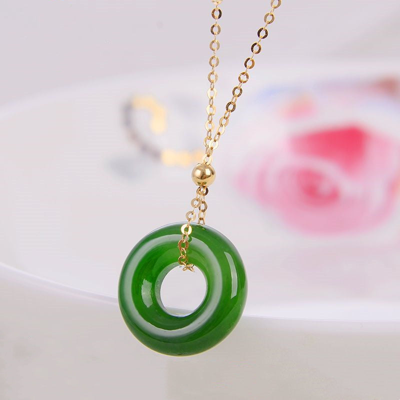 Collier pendentif de guérison en or 14 carats avec jade cyan rond