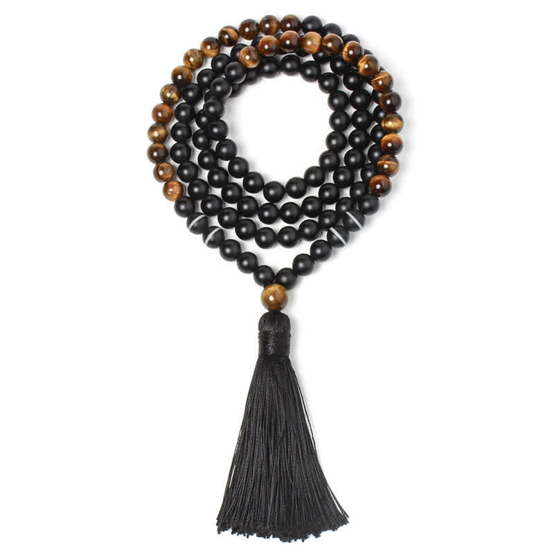 Collier pendentif porte-bonheur en onyx noir et œil de tigre avec Buddha Stones