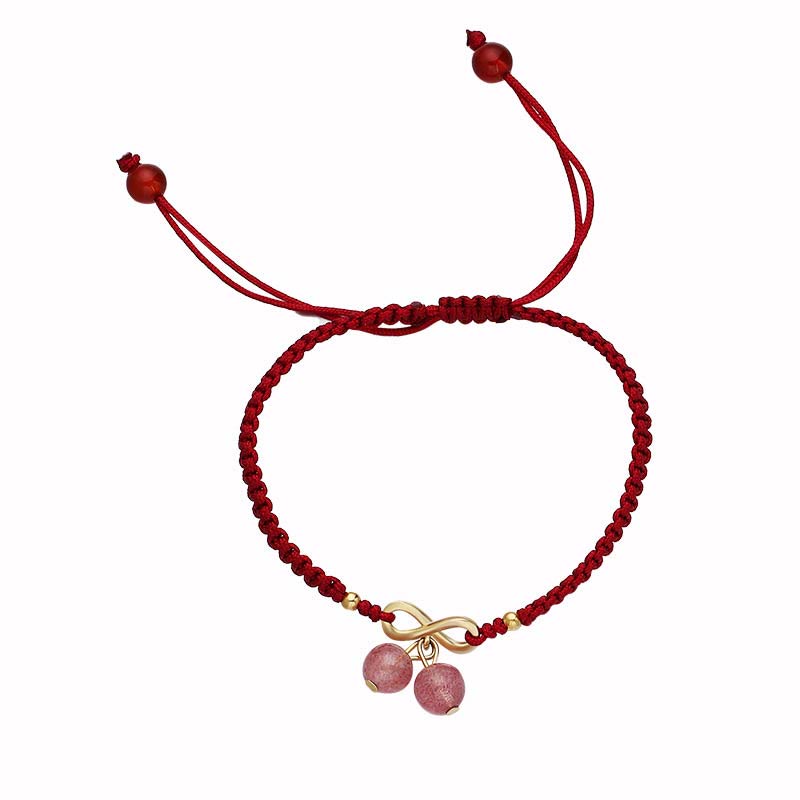 Bracelet tissé en fil rouge avec nœud sans fin en cristal de quartz fraise et Buddha Stones
