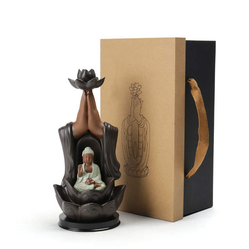 Brûleur d'encens à reflux en céramique Bouddha Avalokitesvara Chenrezig Ksitigarbha avec bénédiction du lotus