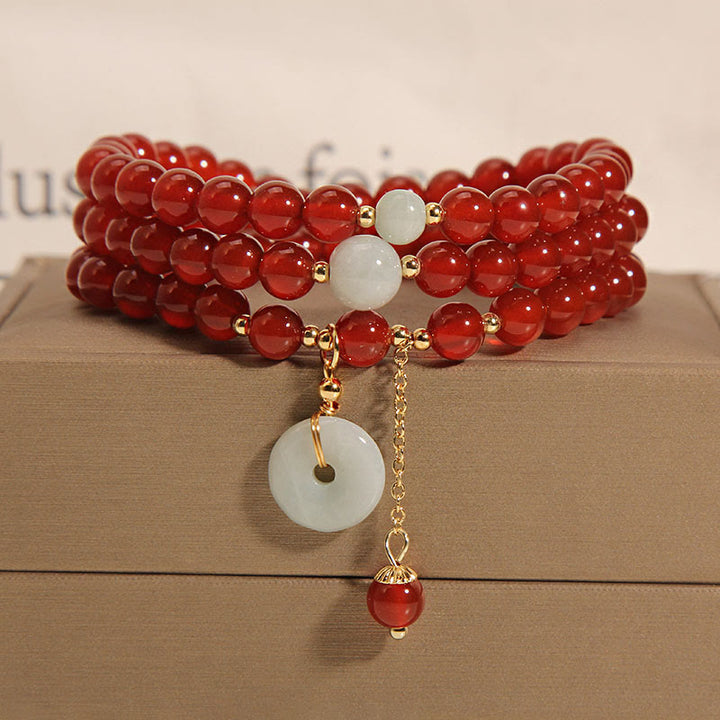 Bracelet triple tour en agate rouge naturelle et jade avec boucle de paix et calme en Buddha Stones