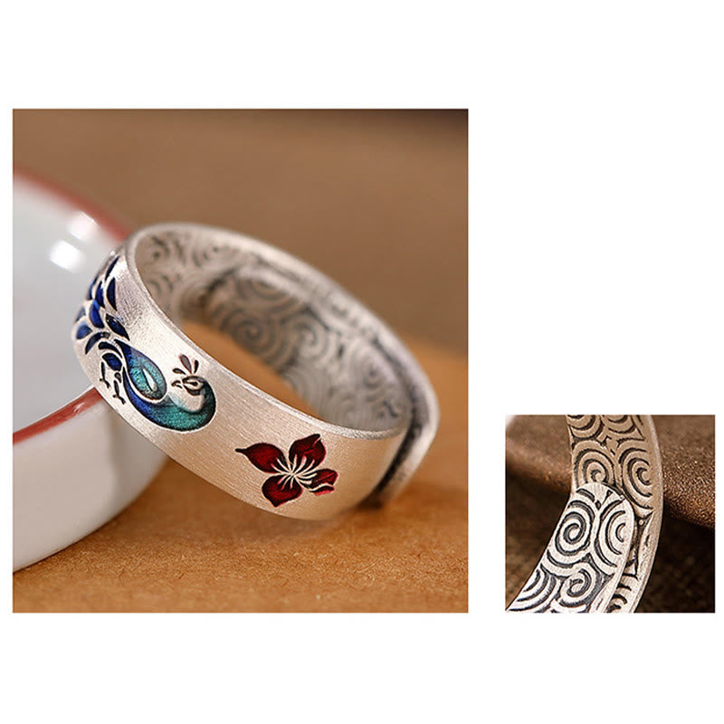 Buddha Stones bonheur en argent sterling 999 avec paon et nuages de bon augure gravés de fleurs de lotus