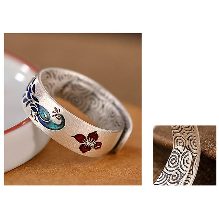 Buddha Stones bonheur en argent sterling 999 avec paon et nuages de bon augure gravés de fleurs de lotus