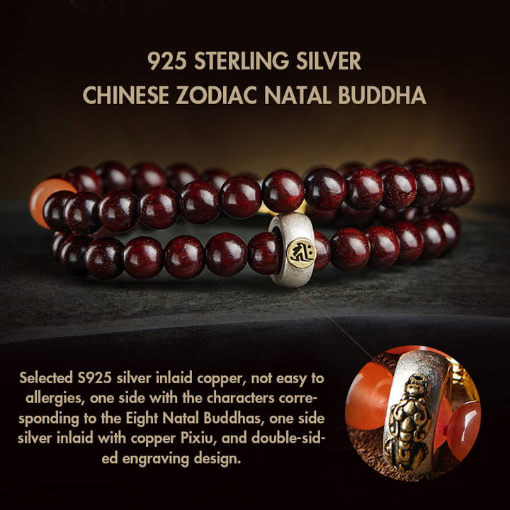 Buddha Stones Zodiaque chinois Bouddha natal Petite feuille Bois de santal rouge Jade Agate rouge Bracelet apaisant PiXiu