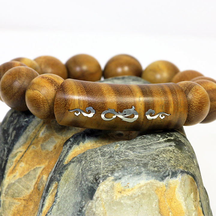 Bracelet de paix incrusté de Buddha Stones en argent sterling 999 et bois de santal vert Om Mani Padme Hum Dragon Phoenix Dharmachakra