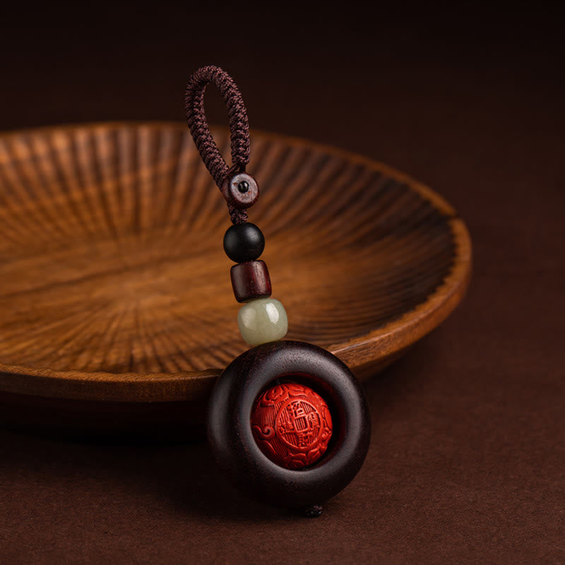 Buddha Stones Tibet Om Mani Padme Hum PiXiu Pièce de cuivre Petite feuille Bois de santal rouge Cinabre Protection Porte-clés