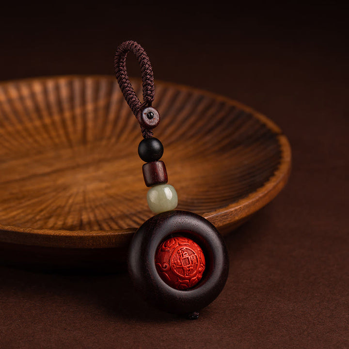 Buddha Stones Tibet Om Mani Padme Hum PiXiu Pièce de cuivre Petite feuille Bois de santal rouge Cinabre Protection Porte-clés