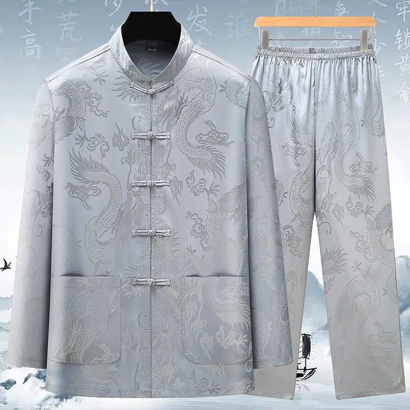 Costume Tang en Buddha Stones pour hommes, vêtements traditionnels chinois Hanfu, chemise de Kung Fu, uniforme, manteau à manches longues, hauts et pantalons, vêtements pour hommes - Gris - US/UK/AU42，EU52 (3XL) - image 0