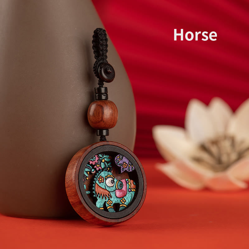 Porte-clés sculpté à la main en bois de rose avec Buddha Stones Année du Dragon Zodiaque chinois peint à la main