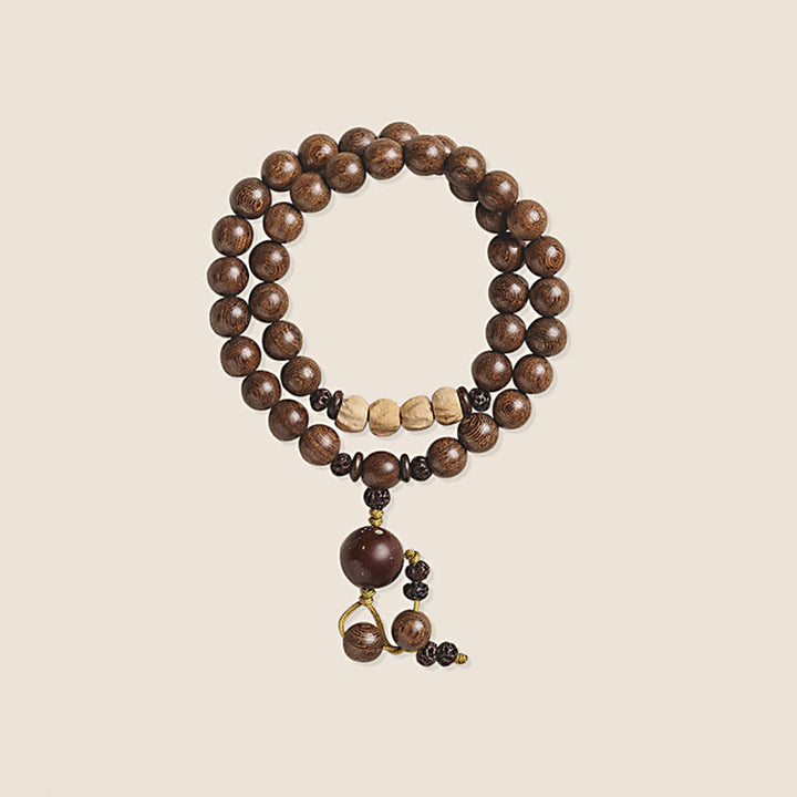 Bracelet double tour de purification en bois de santal et petites feuilles de bois de santal rouge et pierres de Buddha Stones