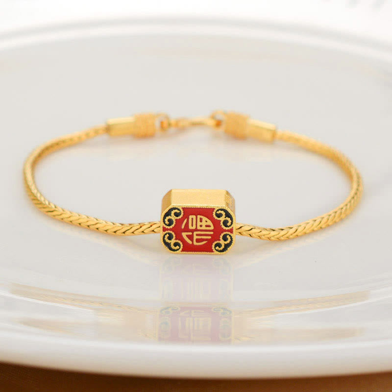 Bracelet tibétain en or 18 carats avec Buddha Stones , Om Mani Padme Hum, porte-bonheur, poisson Koi, personnage Fu, lingot de cuivre, pièce de paix - Caractère Fu de bon augure - image 9