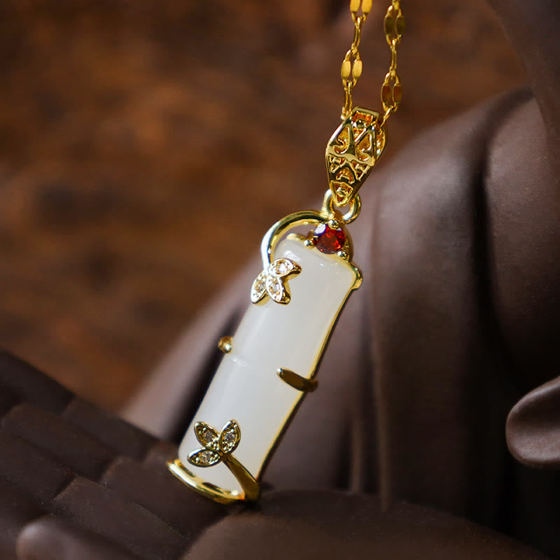 Collier pendentif protection chanceuse en bambou et jade blanc et jade cyan Buddha Stones