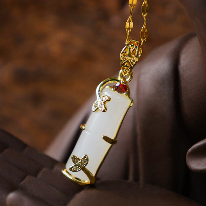 Collier pendentif protection chanceuse en bambou et jade blanc et jade cyan Buddha Stones