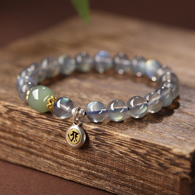 Bracelet en argent sterling 925 Buddha Stones du zodiaque chinois, pierre de lune naturelle et jade Hetian, symbole positif - Chien/Cochon (Tour de poignet 15,5-16 cm) - image 0