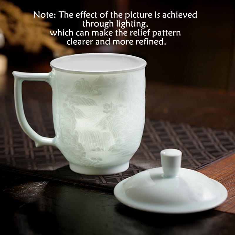 Tasse à thé en céramique gravée à la main en porcelaine blanche de Jingdezhen Buddha Stones et paysage de la Grande Muraille