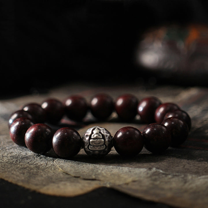 Bracelet Buddha Stones Cure en argent sterling 999 avec petites feuilles de bois de santal vert et bois de santal rouge