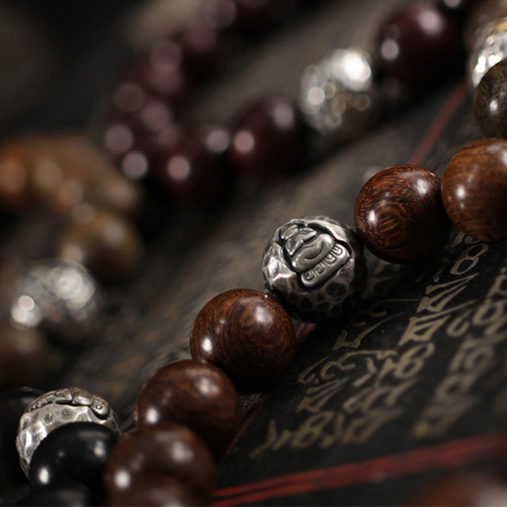 Bracelet Buddha Stones Cure en argent sterling 999 avec petites feuilles de bois de santal vert et bois de santal rouge