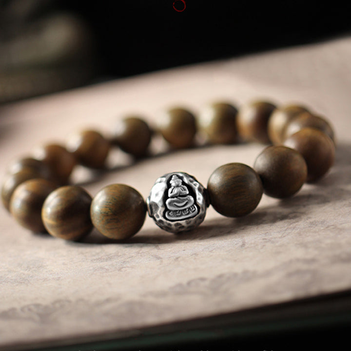 Bracelet Buddha Stones Cure en argent sterling 999 avec petites feuilles de bois de santal vert et bois de santal rouge