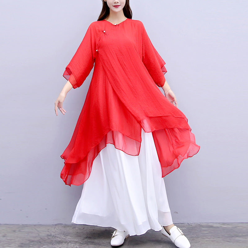 Ensemble de 3 pièces de yoga en mousseline de soie avec Buddha Stones pour femme - Haut rouge, pantalon blanc et bretelles - US6，UK/AU10，EU38 (XL) - image 32