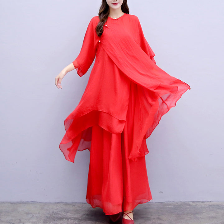 Ensemble de 3 pièces de yoga en mousseline de soie avec Buddha Stones pour femme - Costume rouge (haut + pantalon + bretelles) - US6，UK/AU10，EU38 (XL) - image 28