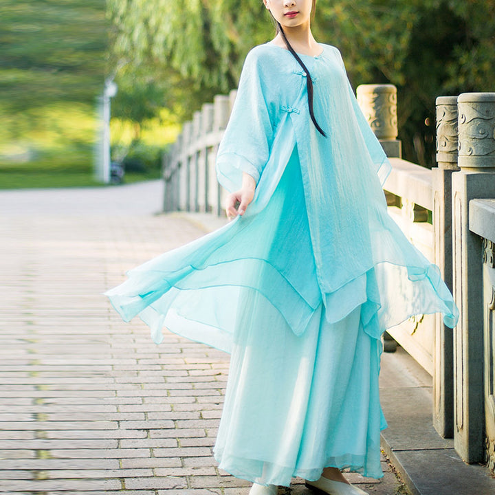 Ensemble de 3 pièces de yoga en mousseline de soie avec Buddha Stones pour femme - Costume cyan clair (Haut + Pantalon + Bretelles) - US6，UK/AU10，EU38 (XL) - image 0