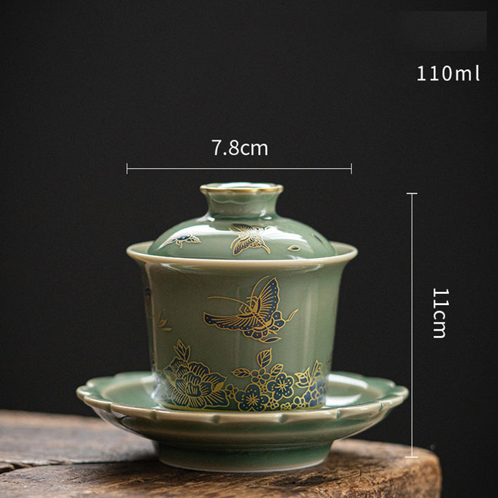 Buddha Stones Porcelaine Verte Papillon Fleur Saumon Poisson Céramique Gaiwan Sancai Tasse à Thé Kung Fu Tasse à Thé Et Soucoupe Avec Couvercle