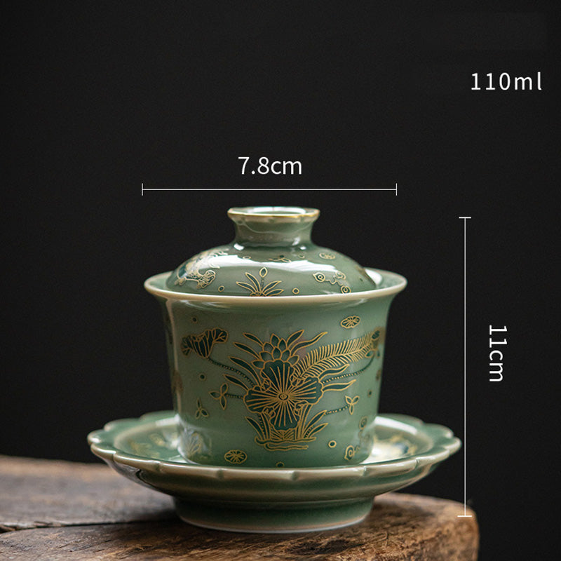 Buddha Stones Porcelaine Verte Papillon Fleur Saumon Poisson Céramique Gaiwan Sancai Tasse à Thé Kung Fu Tasse à Thé Et Soucoupe Avec Couvercle