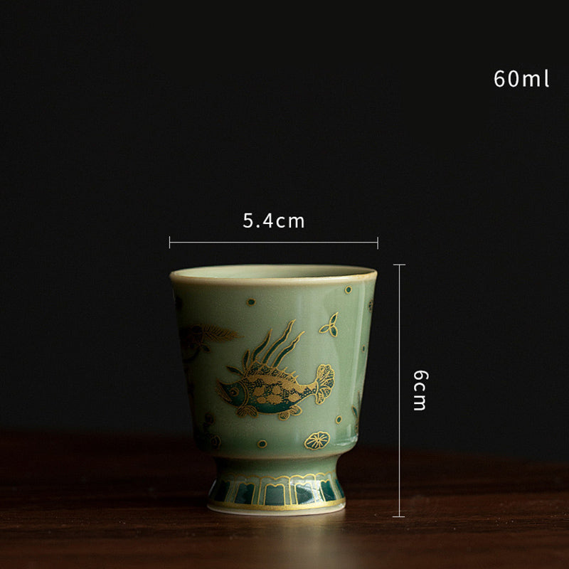 Buddha Stones Porcelaine Verte Papillon Fleur Saumon Poisson Céramique Gaiwan Sancai Tasse à Thé Kung Fu Tasse à Thé Et Soucoupe Avec Couvercle - Saumon 5,4 cm x 6 cm x 60 ml - image 15
