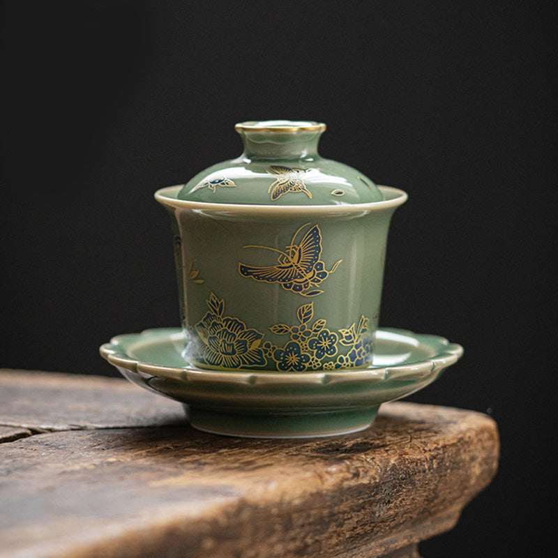 Buddha Stones Porcelaine Verte Papillon Fleur Saumon Poisson Céramique Gaiwan Sancai Tasse à Thé Kung Fu Tasse à Thé Et Soucoupe Avec Couvercle
