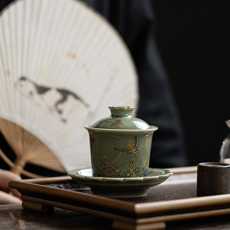Buddha Stones Porcelaine Verte Papillon Fleur Saumon Poisson Céramique Gaiwan Sancai Tasse à Thé Kung Fu Tasse à Thé Et Soucoupe Avec Couvercle