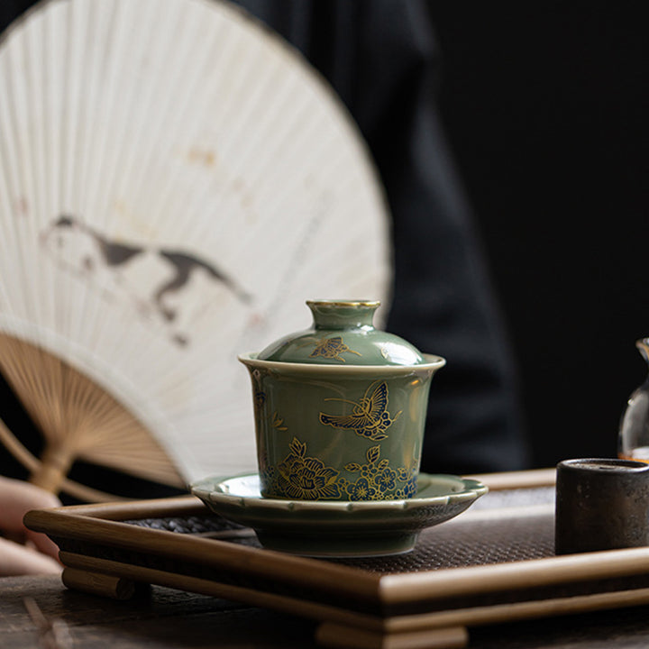 Buddha Stones Porcelaine Verte Papillon Fleur Saumon Poisson Céramique Gaiwan Sancai Tasse à Thé Kung Fu Tasse à Thé Et Soucoupe Avec Couvercle