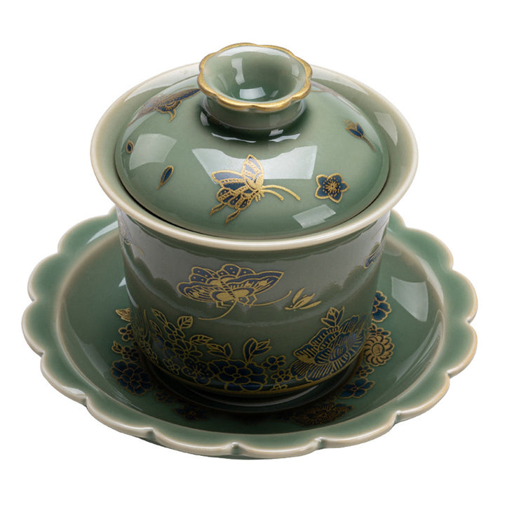 Buddha Stones Porcelaine Verte Papillon Fleur Saumon Poisson Céramique Gaiwan Sancai Tasse à Thé Kung Fu Tasse à Thé Et Soucoupe Avec Couvercle - image 11